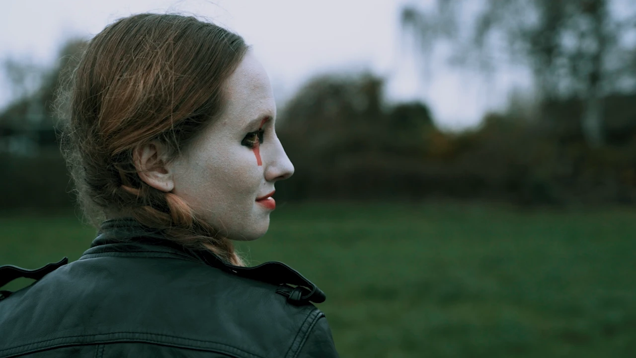 A clown woman with white make-up and a red tear in profile, a grey meadow behind her.