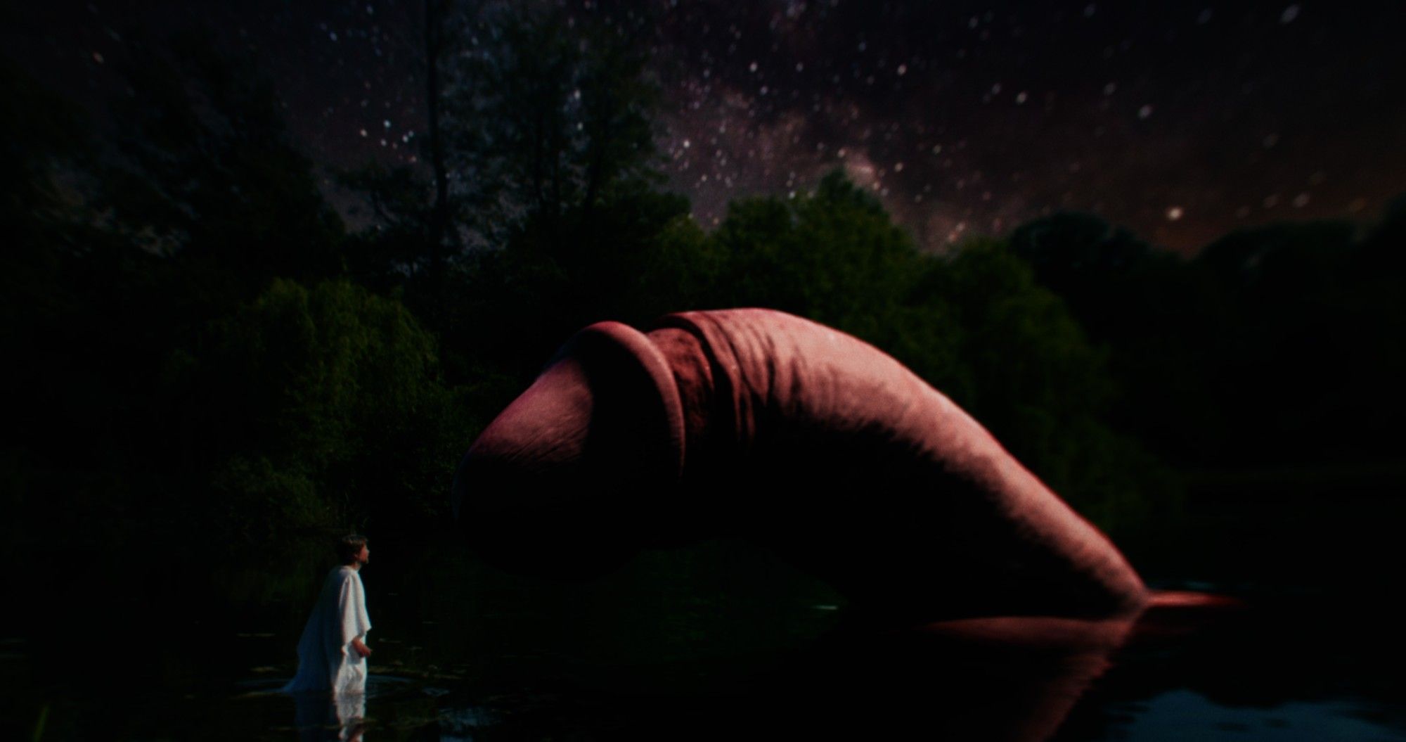 Nachts im See: Ein Mann in weißem Gewand steht vor einem riesigen, rosigen Wurm unter dem Sternenhimmel.