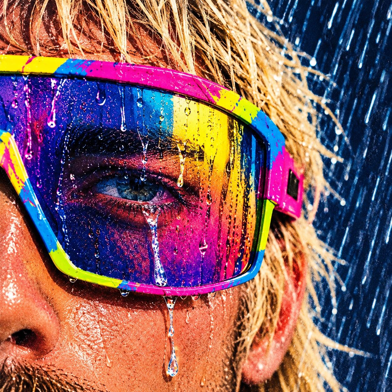 Nahaufnahme eines Auges hinter einer bunten Sportbrille, über das Glas laufen Regentropfen.